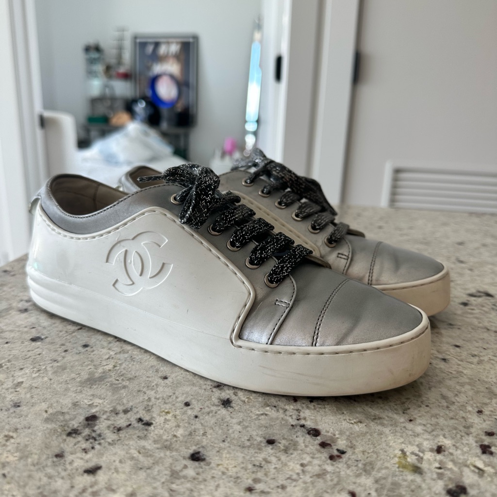 Chanel Calfskin Womens Cc Sneakers White And Silver